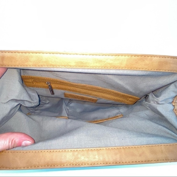 Leather Clutch Snake Skin Pattern Fold Over Large Brown/Tan - Picture 7 of 12